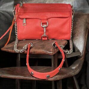 Rebecca Minkoff Red Leather Mini Mac Crossbody Bag Silver Chain Strap‎ Designer